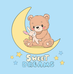 cute teddy bear with bunny toy hand drawn vector illustration Kids trend print 