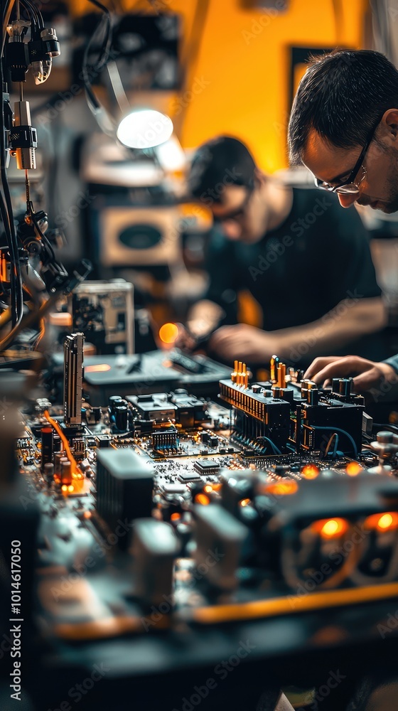 Poster skilled technicians working with electronic components on a circuit board in a vibrant workshop envi
