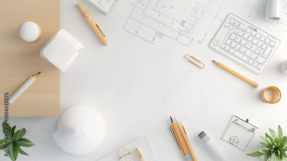 Poster detailed architectural blueprint spread out on a desk, with precise lines and measurements, surround