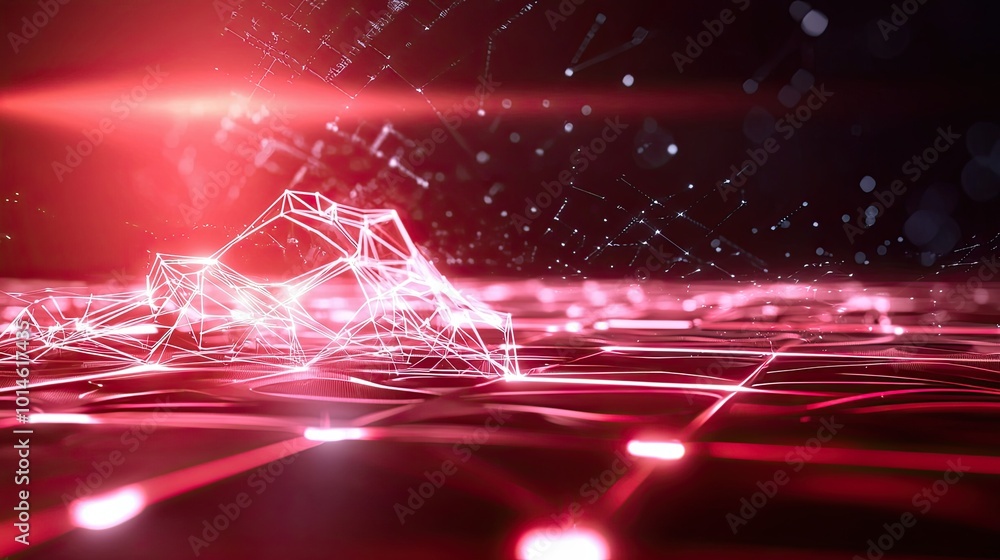 Aufkleber digital red background with neon-lit grid and futuristic geometric shapes, creating a sleek and inno