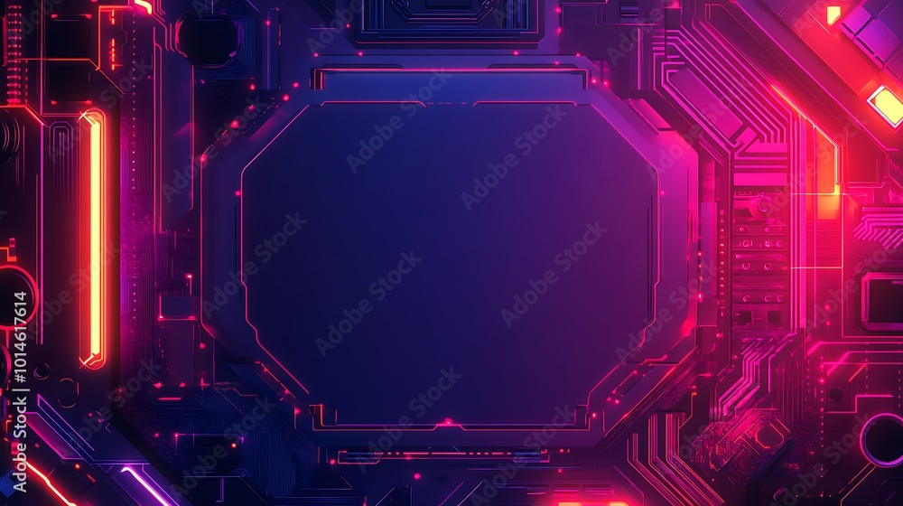 Poster Abstract digital circuit board with glowing neon lights and empty space for text or logo.