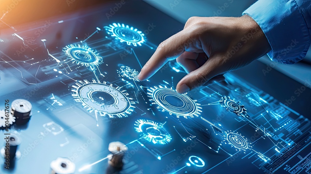 Poster engineers hand pointing to details on a mechanical blueprint, highlighting gears and components in a