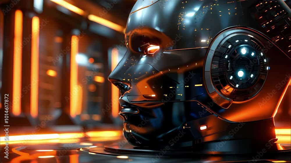 Poster a futuristic robotic head with a glossy surface and illuminated accents in a high-tech environment.