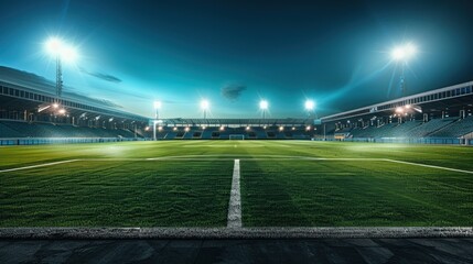 Empty Soccer Stadium at Dusk with Bright Lights