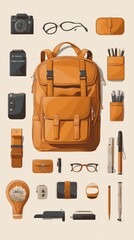 Stylish orange backpack surrounded by essential items like a camera, pens, glasses, and gadgets, perfect for a creative lifestyle.