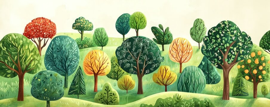 Arbor Day themed poster depicting a verdant landscape with multiple tree types.