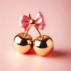 Fototapeta premium a gold shinny metallic two cherries with pink bow