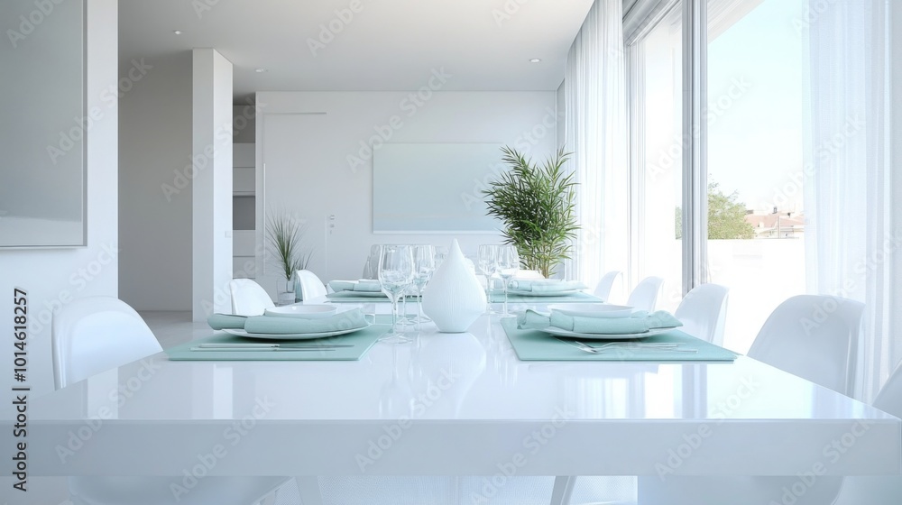 Poster a spacious dining area features a large white table set for a meal. natural light floods the room th