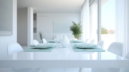 Fototapeta premium A spacious dining area features a large white table set for a meal. Natural light floods the room through large windows, highlighting the decorative plants and elegant table settings.