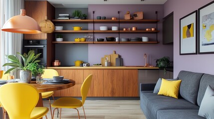 Chic flat with amber kitchen cabinets, wooden shelves, lilac walls, copper lighting, slate grey sofa, and lemon yellow dining chairs