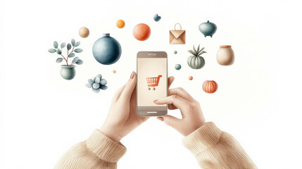 A cozy, modern scene featuring a person holding a smartphone with a shopping cart icon, surrounded by floating home decor items and plants, symbolizing seamless and intuitive online shopping.