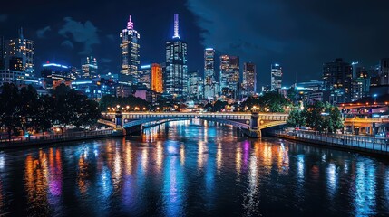 Obraz premium Vibrant city skyline at night reflected in calm water, showcasing modern architecture and colorful lights in a serene urban landscape.