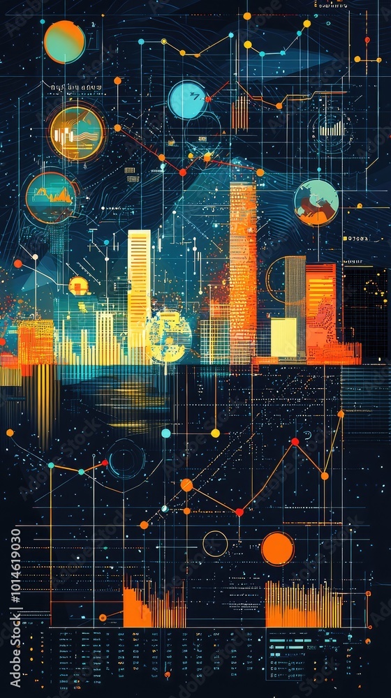 Poster vibrant data visualization with graphs, charts, and colorful elements depicting modern analytics and