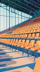 Naklejka premium Vibrant orange seating in a spacious arena, highlighting modern design and perfect for sports or events.