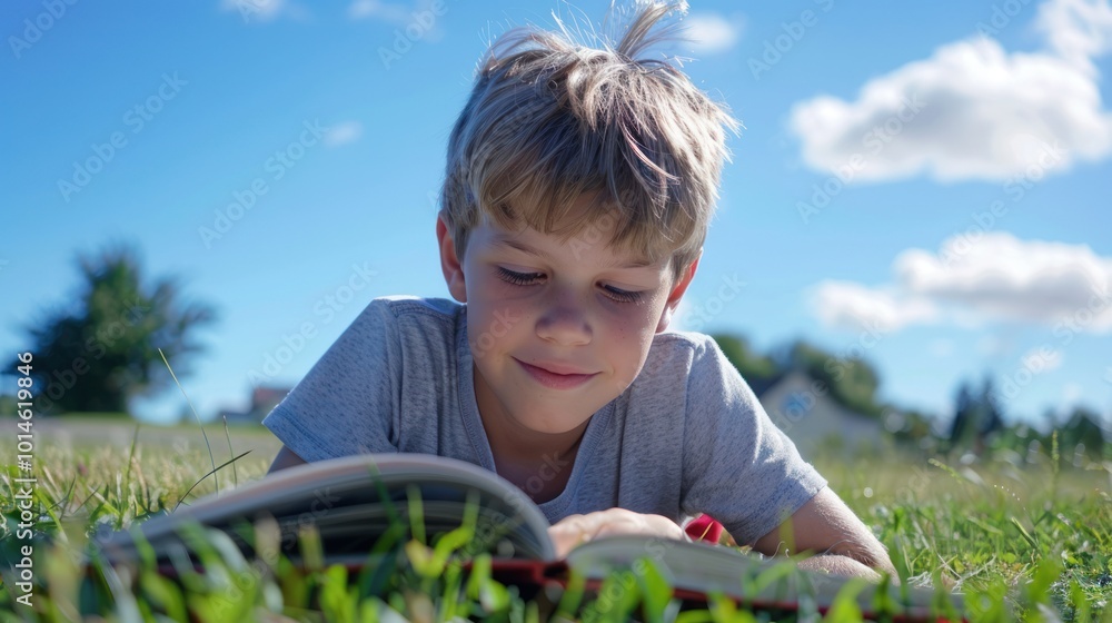 Wall mural Young boy lying on grass reading a book outdoors