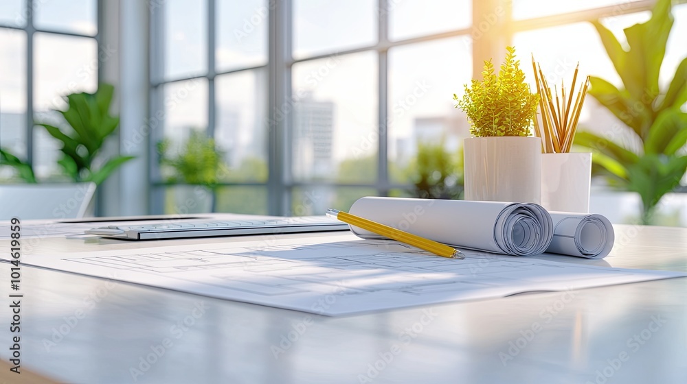 Aufkleber rolled blueprints and architectural sketches scattered across a modern desk, symbolizing constructio