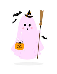 Pink ghost with a broom and in a hat isolated on a white background. Vector illustration.