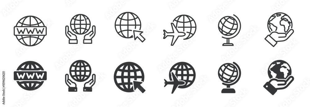Aufkleber globe and network line and glyph solid icons collection. minimal icon and symbol series vector illus
