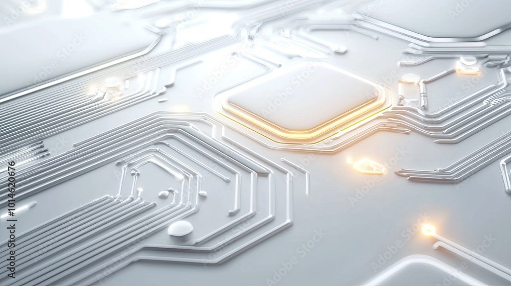 Poster white digital background with intricate circuit board elements and a soft glow, creating a futuristi