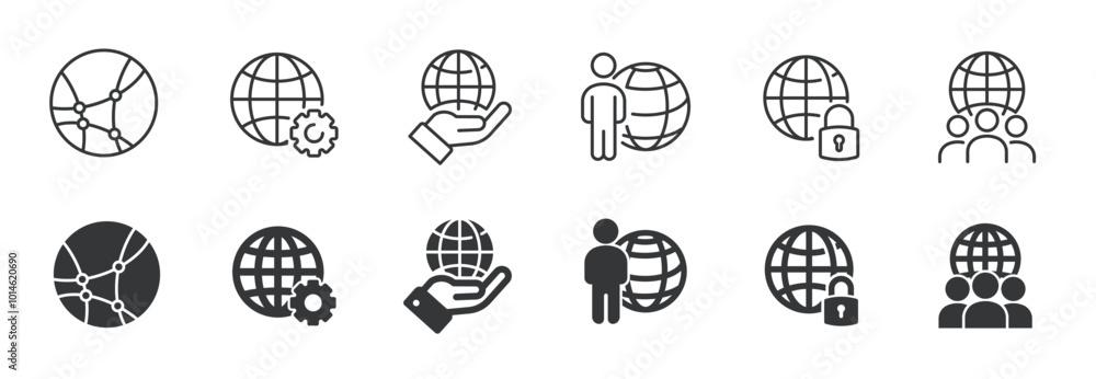 Aufkleber globe and network line and glyph solid icons collection. minimal icon and symbol series vector illus