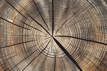 A photo of a tree trunk's cross-section with concentric rings representing each year of growth