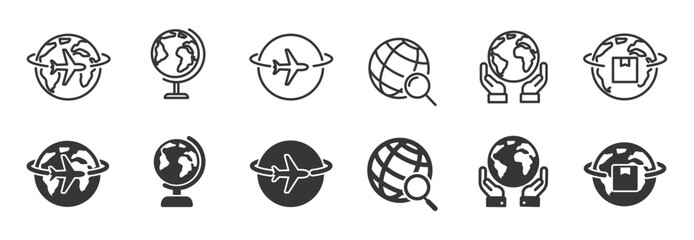 Globe and network line and glyph solid icons collection. Minimal icon and symbol series vector illustration