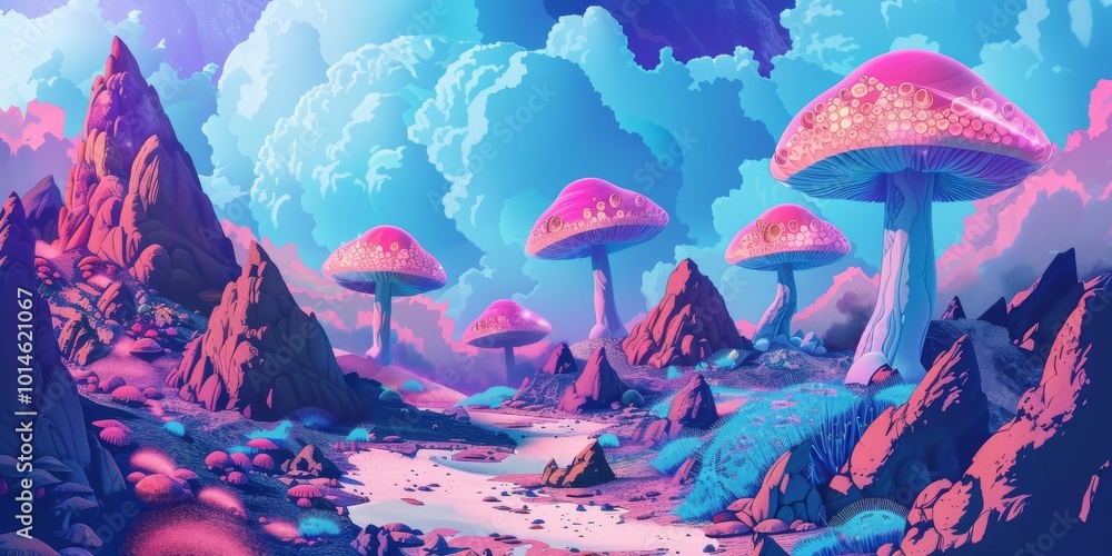 Poster a colorful, psychedelic landscape with a path leading through it. the path is lined with pink and pu