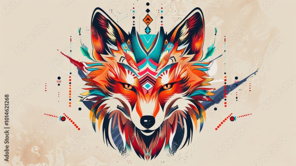 Poster Male artist's depiction of a fox head with colorful tribal designs.