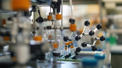 In a modern laboratory, various scientific instruments surround a prominent molecular model. Researchers work diligently on experiments, showcasing the collaboration of technology and chemistry.