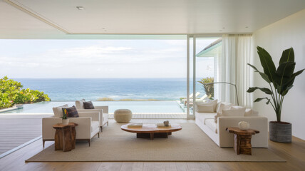 An elegant living room with large windows overlooking a pool and a breathtaking ocean view, decorated with plants and modern furniture.