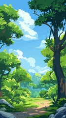 A vibrant, sunlit forest path surrounded by dense green foliage and tall trees under a bright blue sky with fluffy white clouds.