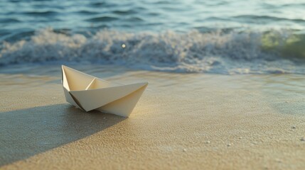Serene Paper Boat on Sandy Beach, a simple boat rests on warm sand, gentle light enhances the tranquil atmosphere, minimalist elegance