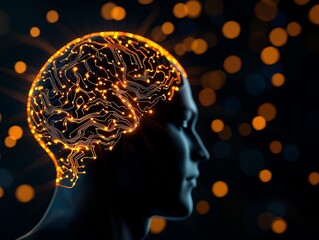 Obraz premium A conceptual representation of artificial intelligence with a glowing brain and digital circuits amidst a bokeh background.
