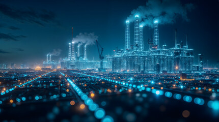 Futuristic smart factory with digital grid and industrial landscape at night