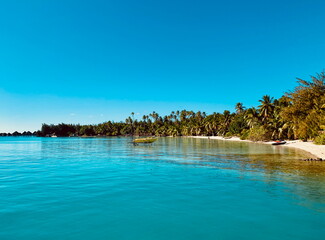 Secluded tropical beach in Bora Bora, French Polynesia with palm trees and calm turquoise water