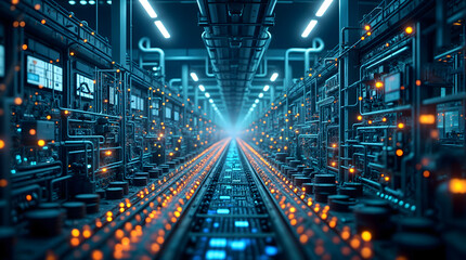 Futuristic smart factory with digital network and advanced automation