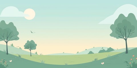 Naklejka premium Tranquil pastel landscape illustration featuring rolling hills, trees, and a soft sky, perfect for backgrounds and nature-themed designs.