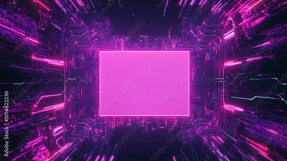 Poster A futuristic, abstract image of a glowing pink square surrounded by a circuit board with glowing lines.