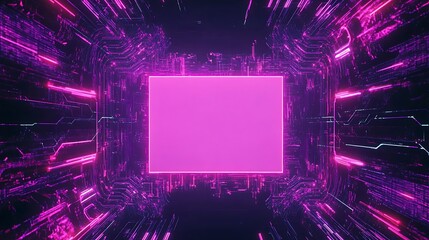 Obraz premium A futuristic, abstract image of a glowing pink square surrounded by a circuit board with glowing lines.