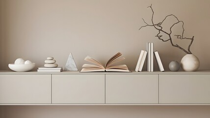 Interior design of blank wall with self, book and cozy living room