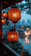 Hanging lanterns glowing softly in the evening, creating a warm and inviting atmosphere for festive celebrations.