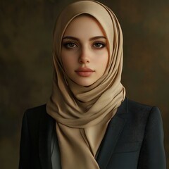 Naklejka premium Elegant woman in a beige hijab wearing a dark suit indoors