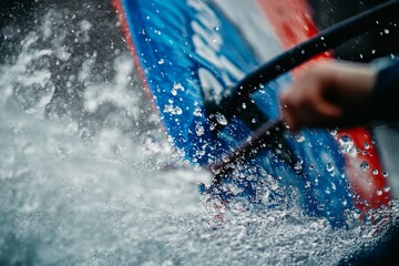 Naklejka premium Windsurfer gripping sail, blue board with orange stripe, splashing water, and green ocean waves in the background. Generative AI