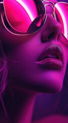 A woman poses in vibrant sunglasses with neon vaporwave aesthetic lighting © BrandwayArt