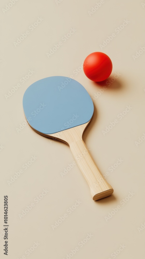 Poster minimalist ping pong set, sleek paddle and ball on a simple backdrop, emphasizing clean lines and mo