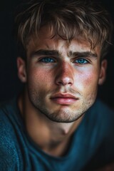 Fototapeta premium Athletic handsome man with striking blue eyes in a close-up portrait