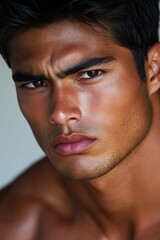 Obraz premium Athletic handsome man with intense gaze posing against a neutral background