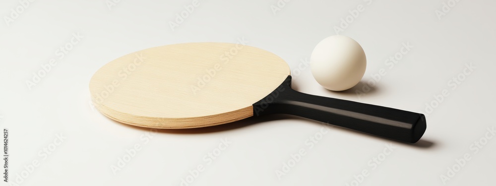 Poster minimalist ping pong set, sleek paddle and ball design, simple composition, emphasizes form and func
