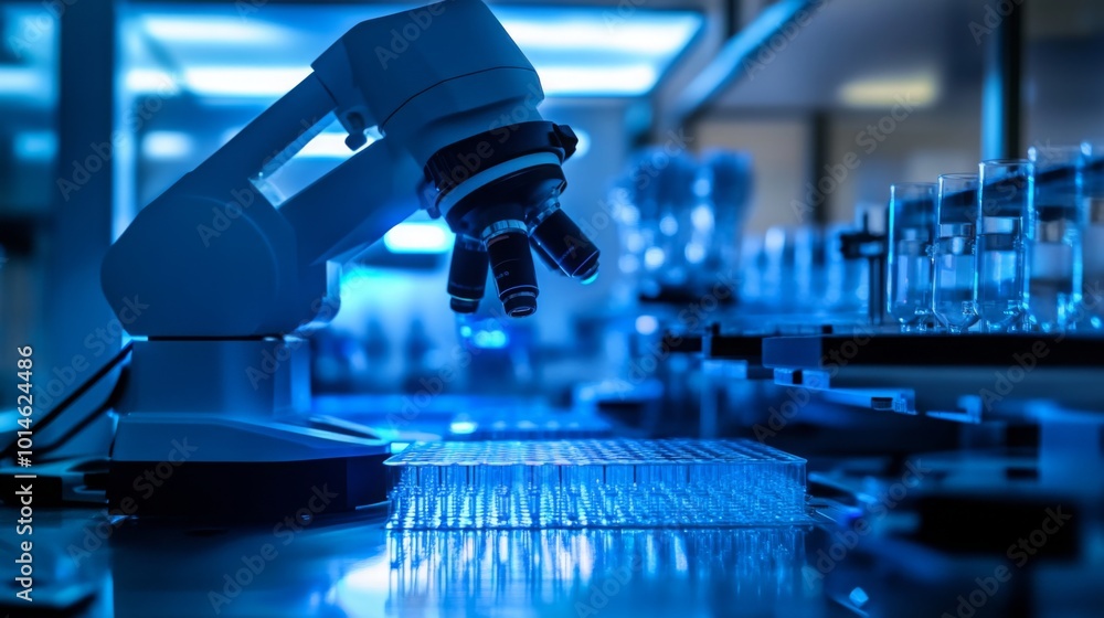 Fototapete a state-of-the-art laboratory features a high-tech microscope prominently displayed, surrounded by g