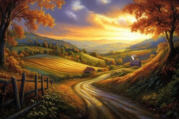 Golden sunset illuminates the lush countryside with rustic charm